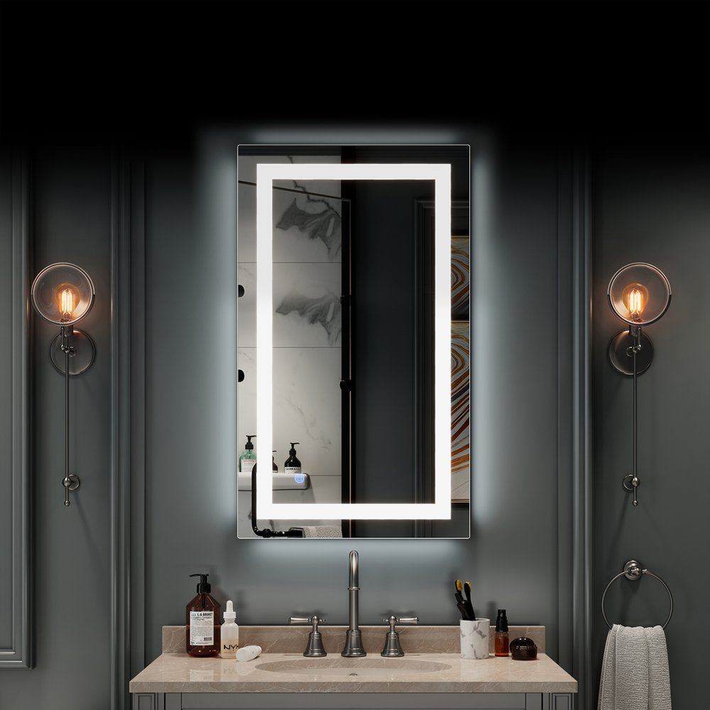 Anti-Fog Wall Mounted Lighted Vanity Mirror LED Bathroom Mirror anti Fog and IP67 Waterproof, Rectangle 40"X24" Silver